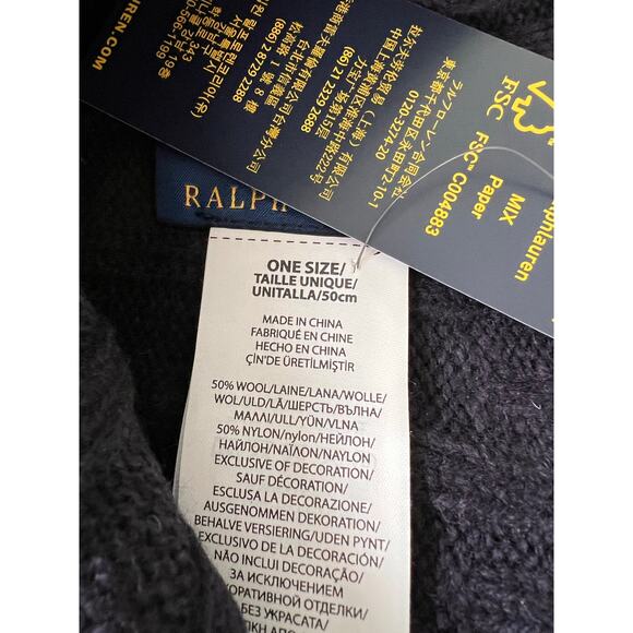 Polo Ralph Lauren Beanie Mens Navy Flesh Pony Wool Blend Rib Knit Cuff NEW - Picture 2 of 3